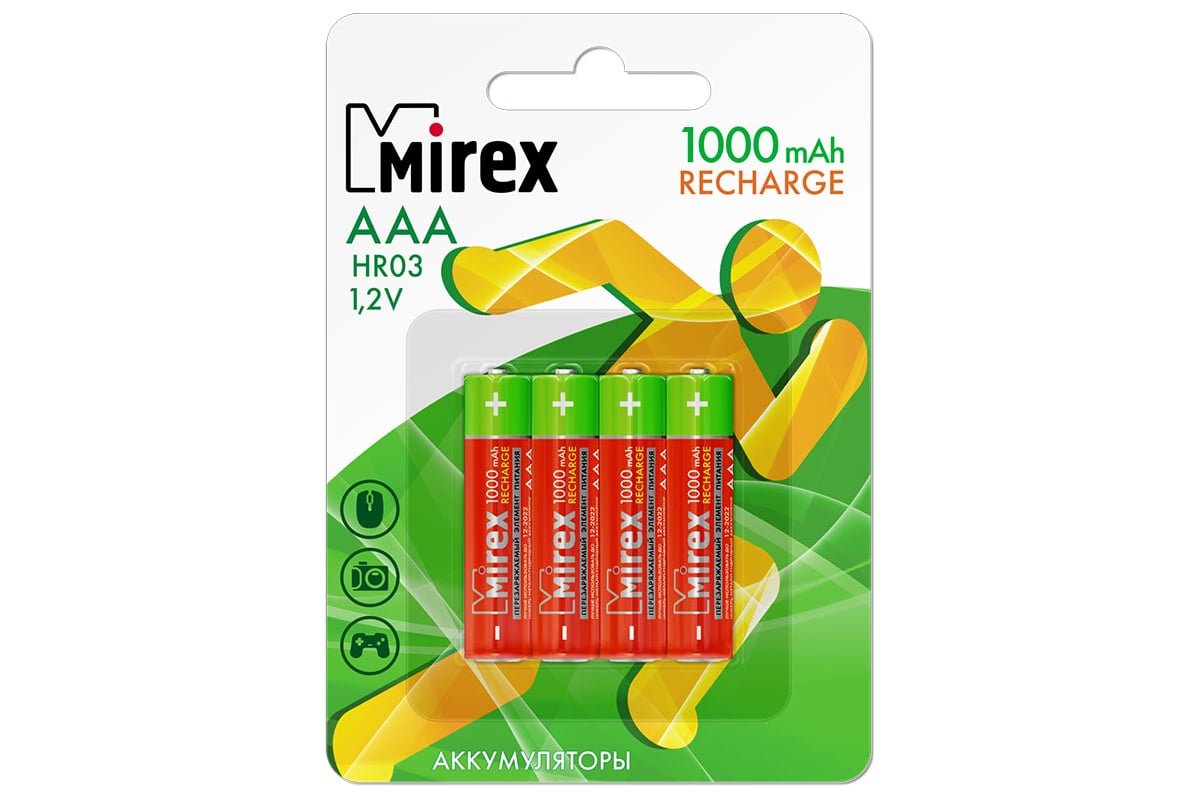 Аккумулятор Ni-MH Mirex HR03 / AAA 1000mAh 1,2V 4 шт (4/40/200), ecopack