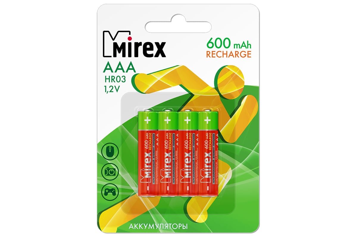 Аккумулятор Ni-MH Mirex HR03 / AAA 600mAh 1,2V 4 шт (4/40/200), ecopack
