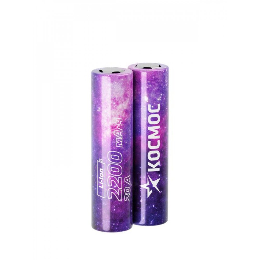 Аккумулятор КОСМОС 18650 Li-ion 2200 mAh без защиты, 2 шт шринк высокотоковый, низкая шляпка (2/200)