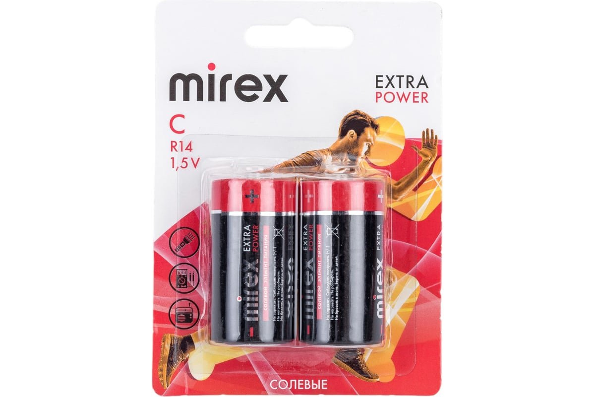 Элемент питания Mirex R14 (C) 1.5V солевая батарейка, 2 шт., ecopack