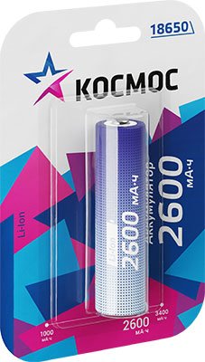 Аккумулятор КОСМОС 18650 Li-ion2600 mAh без защиты, 1 шт блистер (1/100)