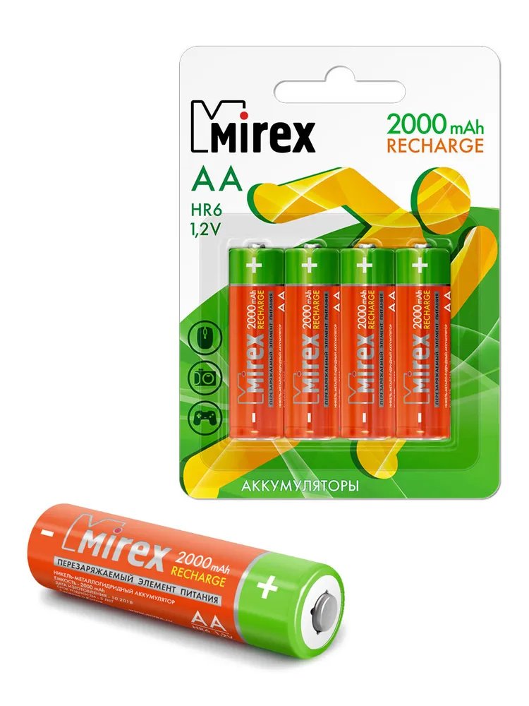 Аккумулятор Ni-MH Mirex HR6 / AA 2000mAh 1,2V 4 шт (4/40/200), ecopack