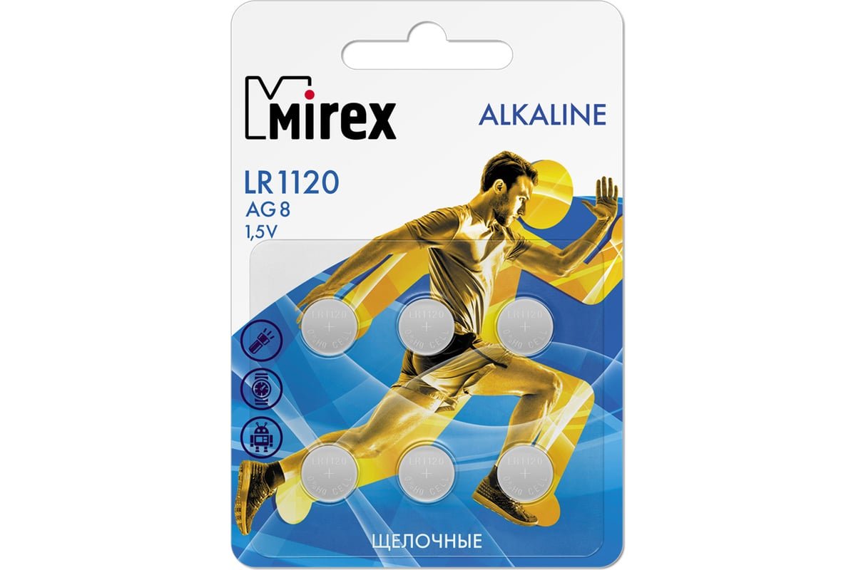 Батарейка Mirex AG8 (LR1120, LR55) Alkaline 1.5V, 6 шт., ecopack