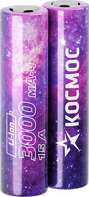 Аккумулятор КОСМОС 18650 Li-ion 3000 mAh без защиты, 2 шт шринк высокотоковый, низкая шляпка (2/200)