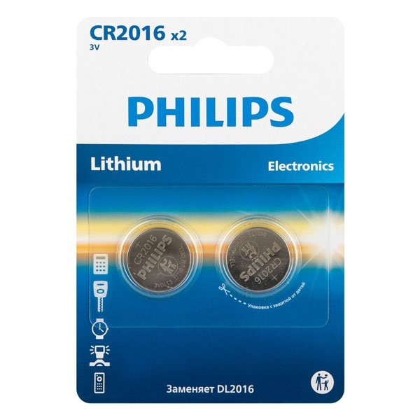 Батарейки PHILIPS CR2016 литиевые 3 В, 2 шт (блистер)