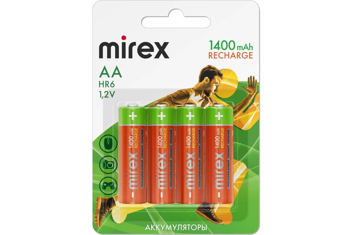 Аккумулятор Ni-MH Mirex HR6 / AA 1400mAh 1,2V 4 шт (4/40/200), ecopack