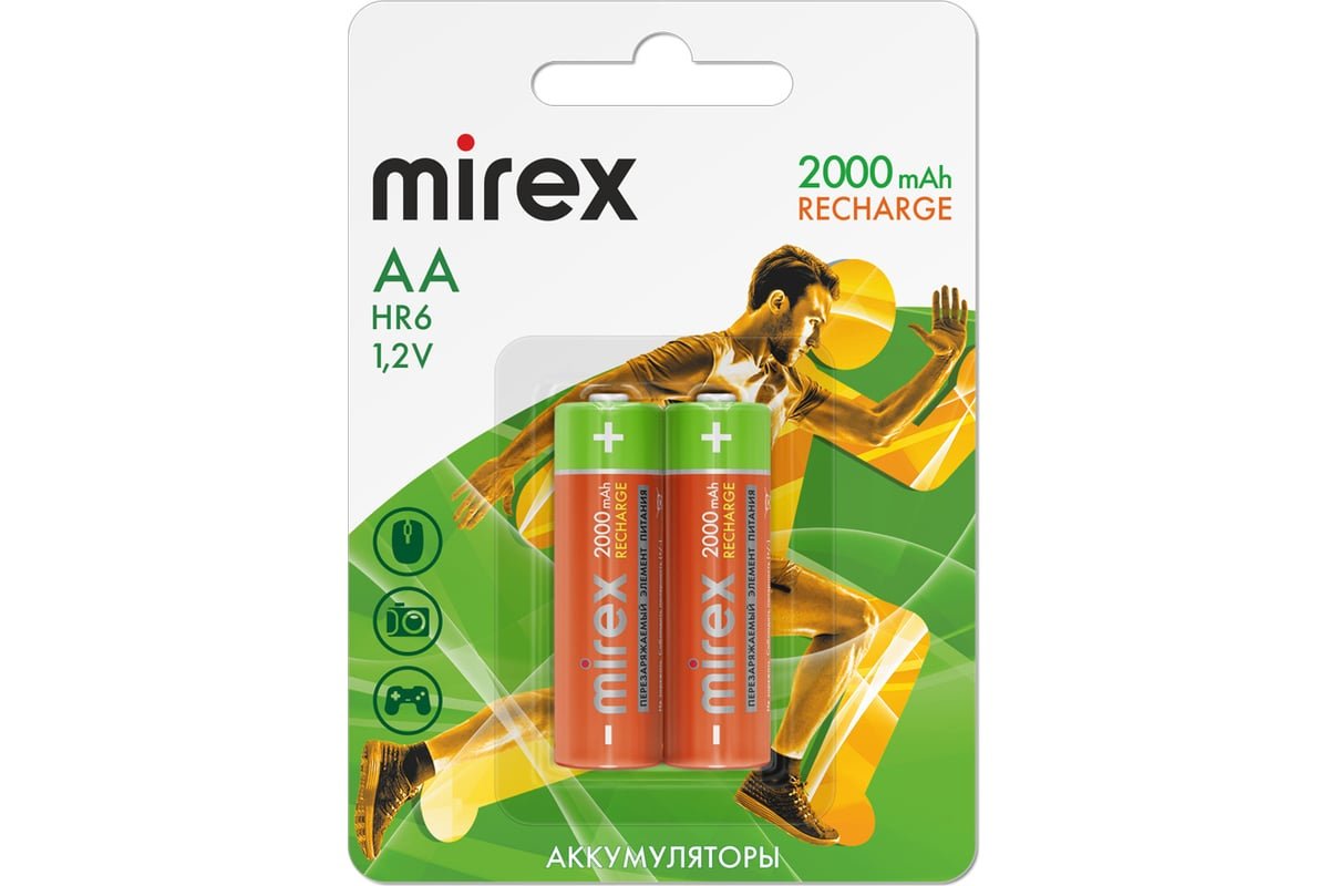 Аккумулятор Ni-MH Mirex HR6 / AA 2000mAh 1,2V 2 шт (2/20/100), ecopack