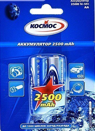 Аккумулятор AA Космос HR6 (2-BL) Ni-MH 2500 mAh (24/288) (10250)