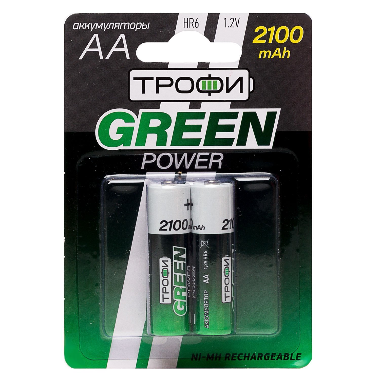 Аккумулятор AA Трофи HR6 (2-BL) Ni-MH 2100 mAh (20/240) (green) (211744)
