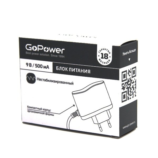 Блок питания GoPower 500mA 9V 5,5x2,1/12мм нестабилизированный отрицательная полярность (1/100)
