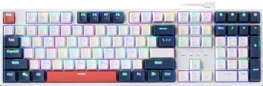 Клавиатура проводная игровая механическая REDRAGON Whisper RU,RGB,бел-син-оранж.,тихая (1/10)