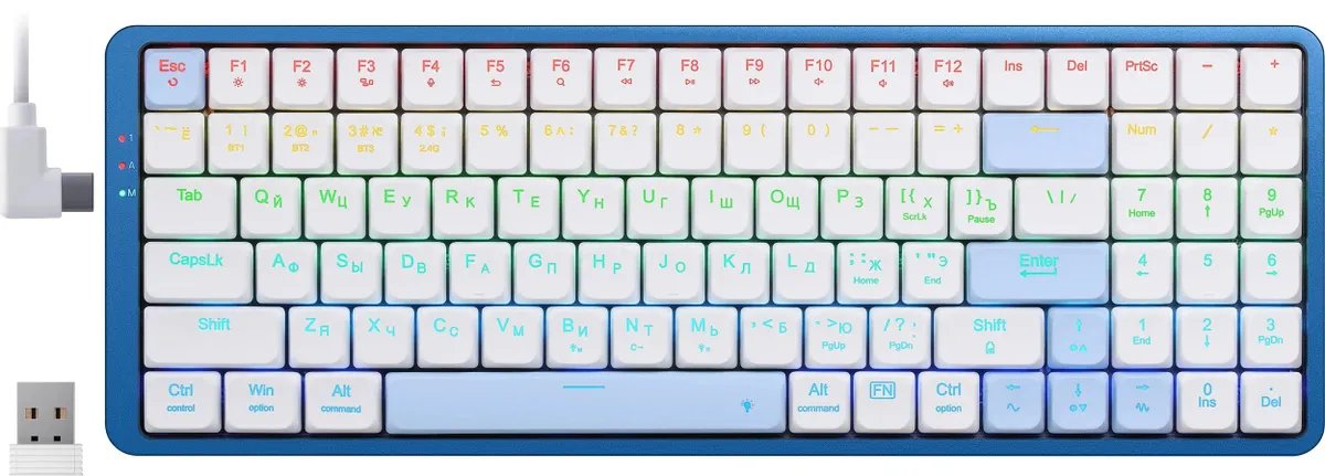 Клавиатура беспроводная REDRAGON Eva Pro RU, RGB, BT+2.4G, тонкая, бел-син (72369)