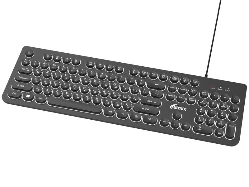 Клав. Ritmix RKB-214BL, USB, 104кн., белая подсветка, кабель 1,5м