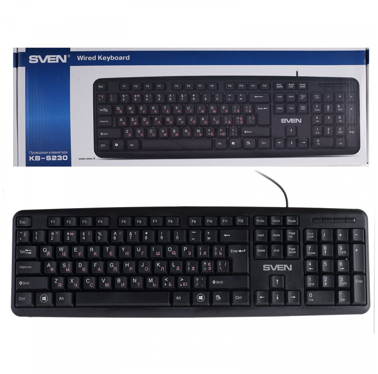 Клавиатура SVEN KB-S230 (104 кл, каб. 2м), чёрная (SV-018399)