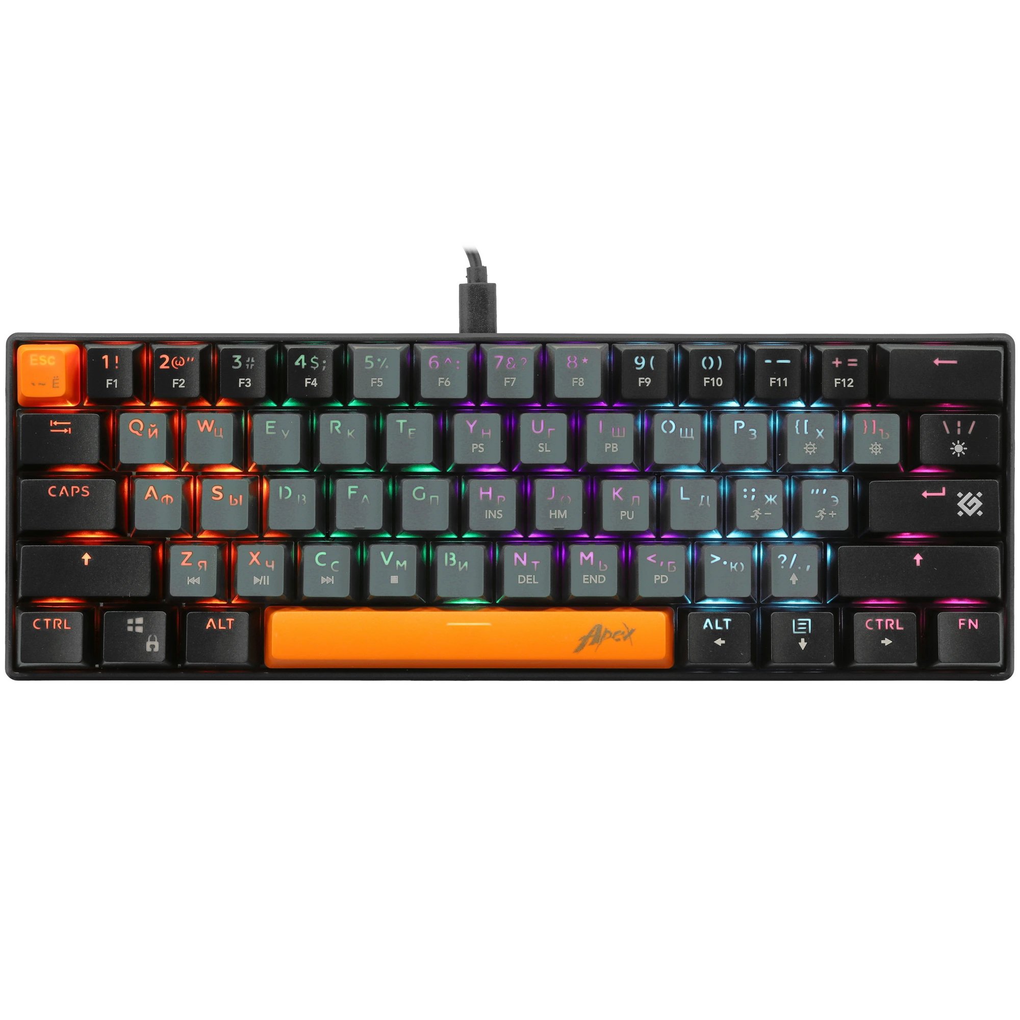 Клавиатура проводная игровая механическая DEFENDER Apex GK-002 RU,3цв/черн,радуж,61к,крас,св (1/18)