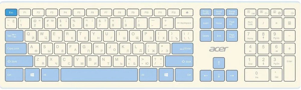 Клавиатура + мышь Acer OCC205 клав:белый мышь:белый/голубой USB беспроводная slim