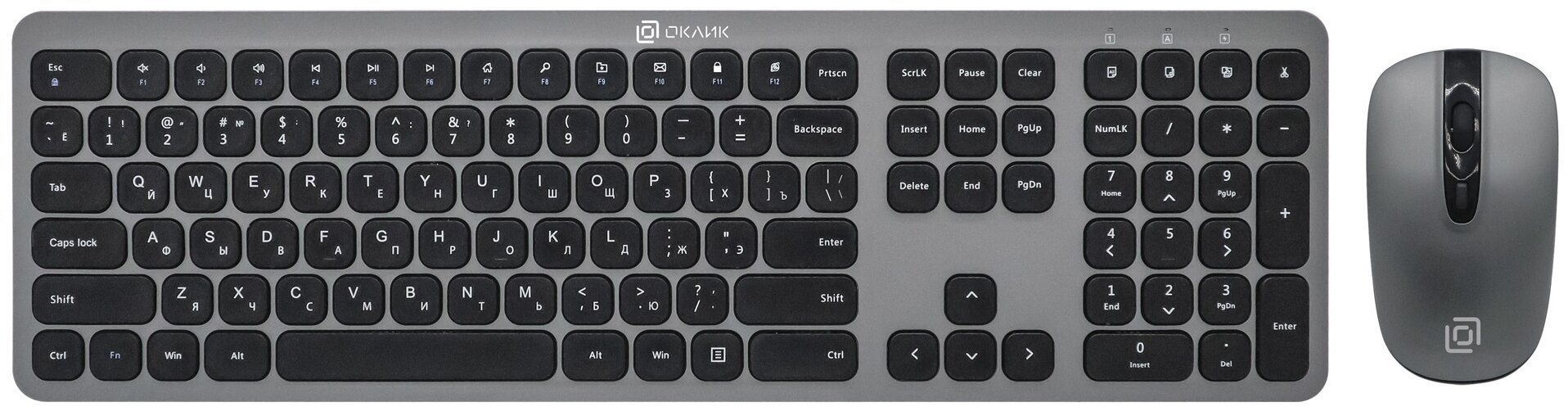 Клавиатура + мышь OKLICK 300M клав:серый мышь:серый/черный USB беспроводная slim