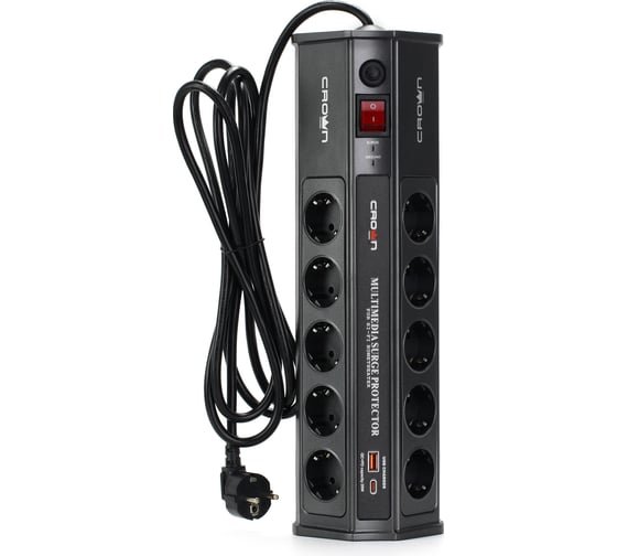 Сетевой фильтр CROWN CMPS-11, 10-розеток, 1xUSB, 1xUSB Type-C, 3 м, черный (CM000003665)