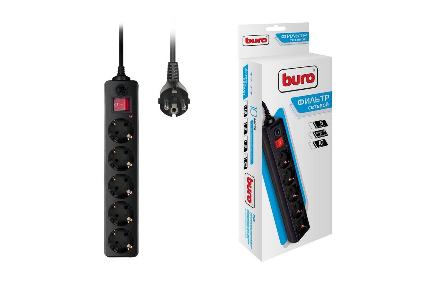 Фильтр-удлинитель сетевой Buro 500SH-10-B 10м (5 розеток) Black (коробка)