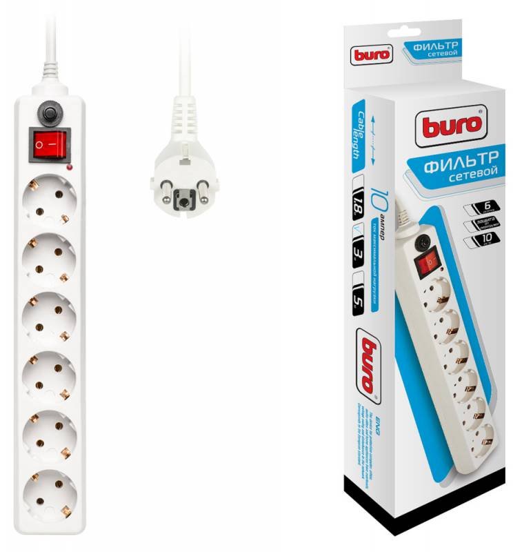 Сетевой фильтр Buro 600SH-3-W 3м (6 розеток) белый