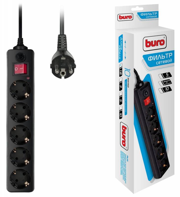 Сетевой фильтр Buro 500SH-1.8-B 1.8м (5 розеток) черный