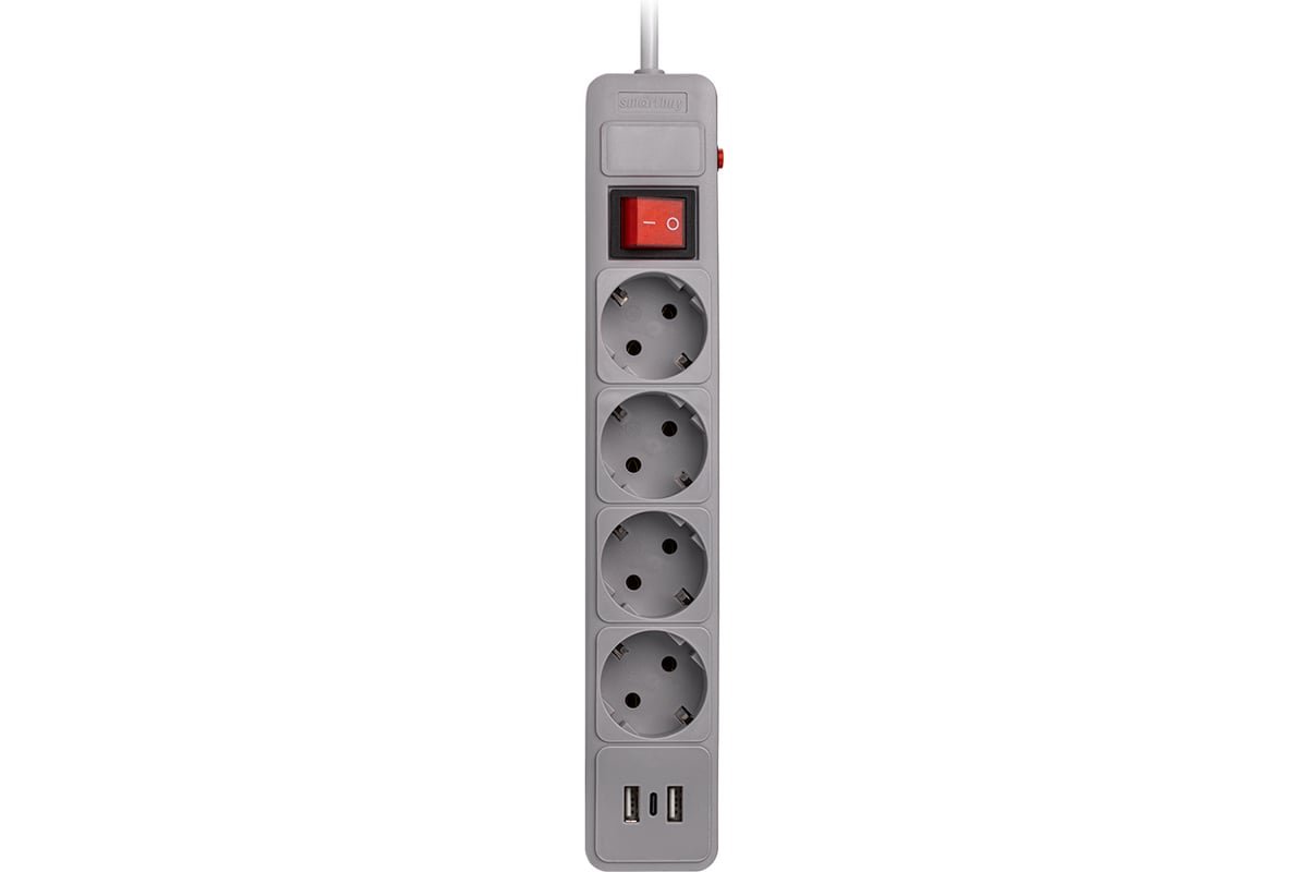Сетевой фильтр Smartbuy SBSP-30C-G c USB+Type C, 16А, 4 гнезда, c з/ш, с з/к, ПВС, 3м серый