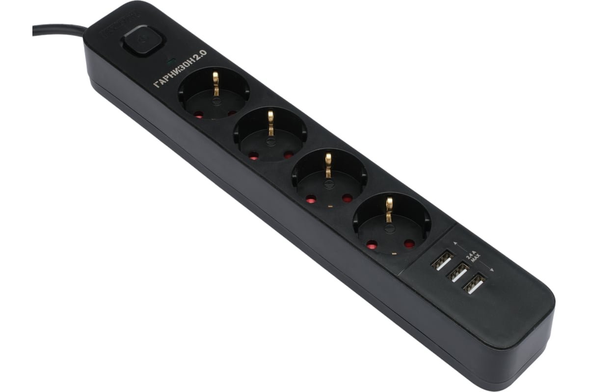 Сетевой фильтр Гарнизон EPS-4-U3-B-2 черный, 4 розетки 220В, 10А, 3 розетки USB-A 5В, кабель 2м, ур.защиты 2+, пакет