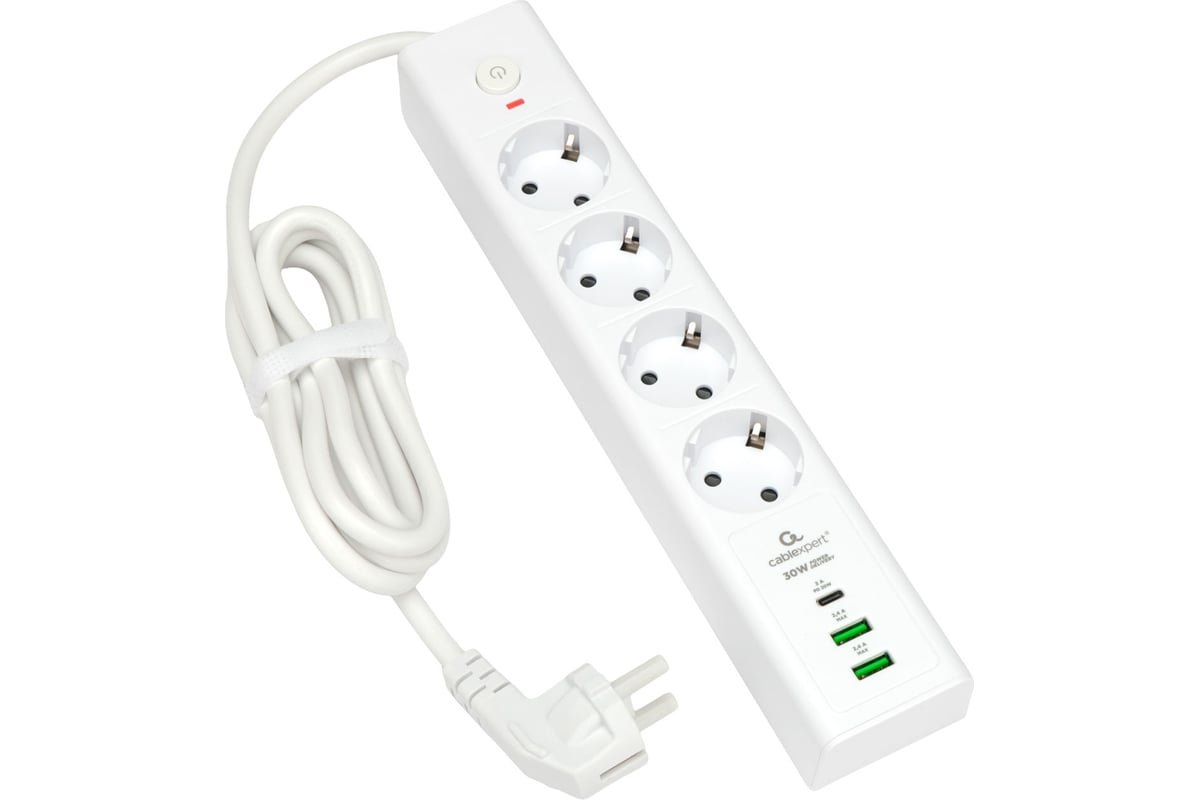 Сетевой фильтр Cablexpert Exnovo EXN-4-CU2-W-2 белый, Макс мощность 2500Вт, 3 розетки 220В, 10А, 2 розетки USB-A 5В, 1 розетка USB-C 30Вт PD