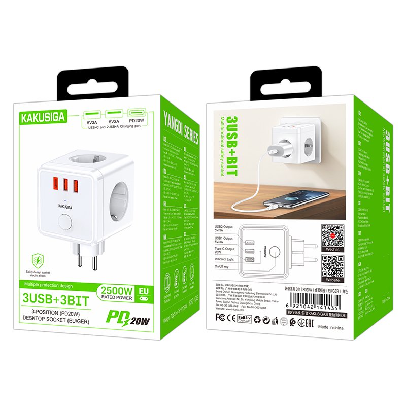 Сетевой фильтр KAKUSIGA KSC-1245 3 розетки 2 USB 1 USB-C белый