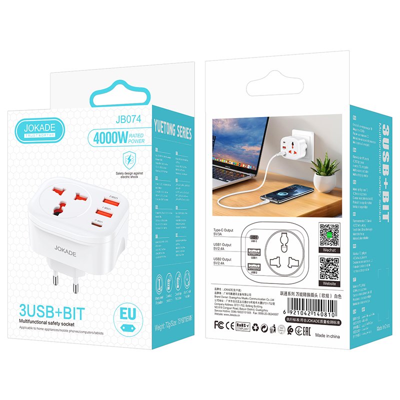 Сетевой фильтр JOKADE JB074 1 розетка + 2 USB + 1 USB-C White