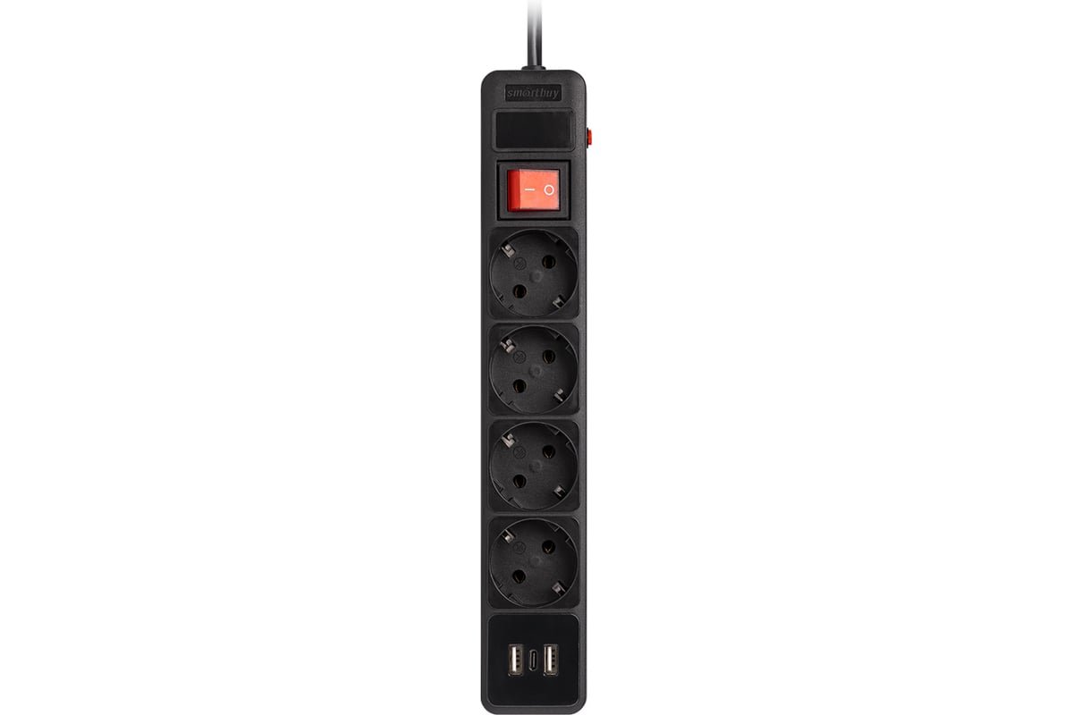 Сетевой фильтр Smartbuy SBSP-30C-K c USB+Type C, 16А, 4 гнезда, c з/ш, с з/к, ПВС, 3м черный
