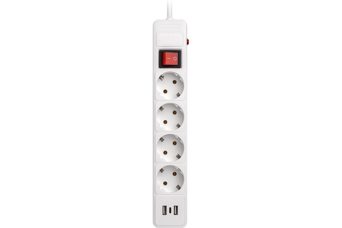Сетевой фильтр Smartbuy SBSP-30C-W c USB+Type C, 16А, 4 гнезда, c з/ш, с з/к, ПВС, 3м белый