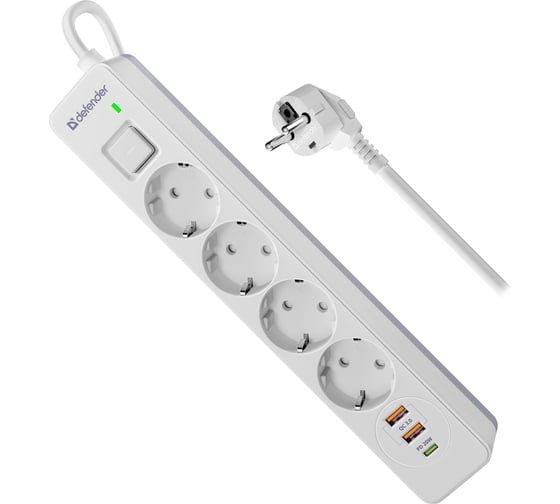 Сетевой фильтр DEFENDER с сетевым фильтром DFS 143 3 м, белый, 4розетки, USB+TypeC (99434)