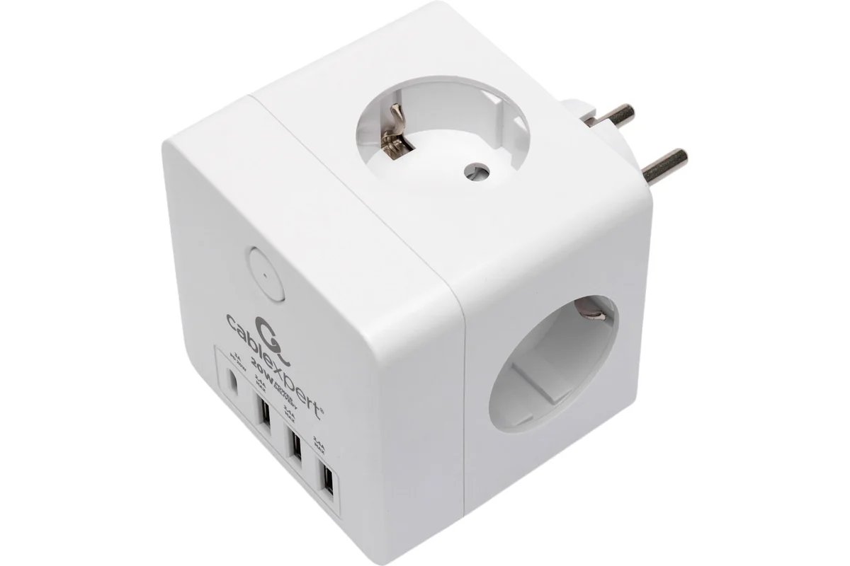 Сетевой фильтр CABLEXPERT Cube CUBE-4-СU3-W, 4 розетки, 16А, 1 x Type-C PD, 3хUSB, белый
