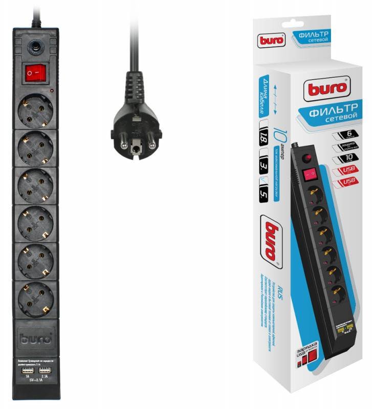 Сетевой фильтр Buro BU-SP5_USB_2A-B 5м (6 розеток) черный