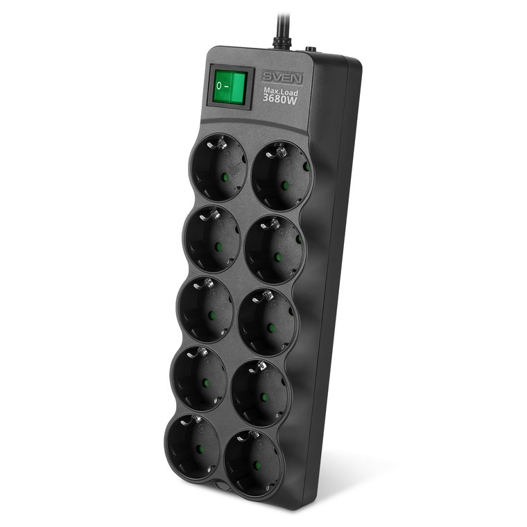 Сетевой фильтр SVEN SF-10E-16 (SV-022167) 3,0 м (10 розеток с защитными шторками,16А) черный