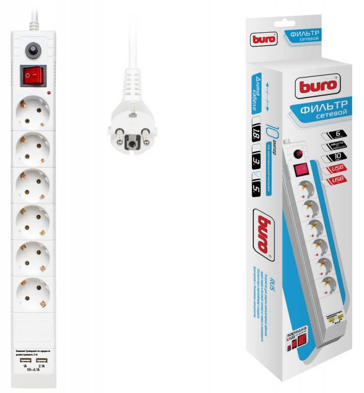Сетевой фильтр Buro BU-SP5_USB_2A-W 5м (6 розеток) белый