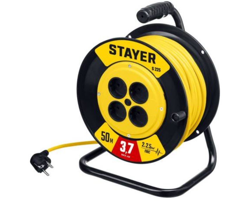 Силовой удлинитель на катушке STAYER 55070-50 ПВС 2х2.5 50м 3750Вт, S 225