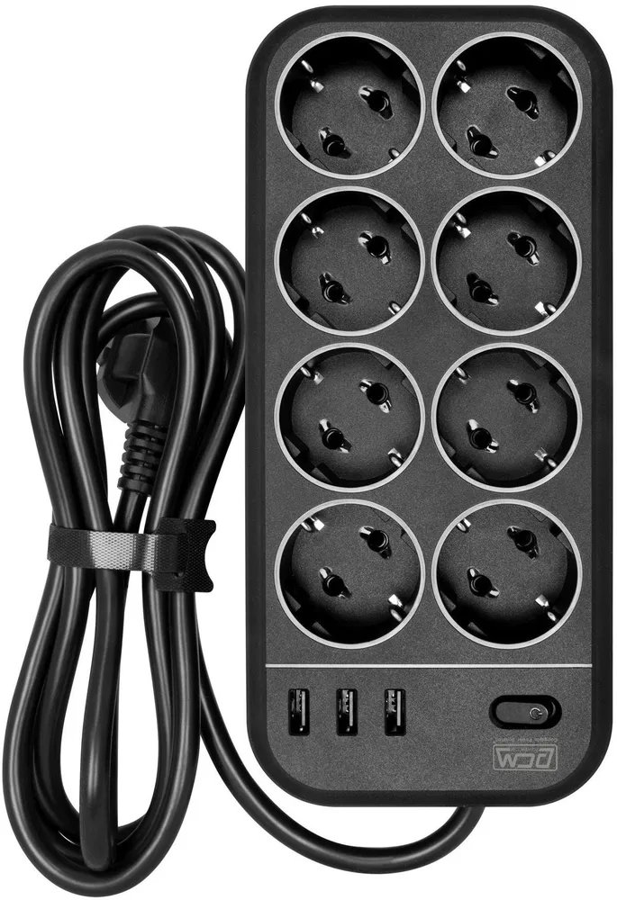 Сетевой фильтр Powercom SP-08 USB03AB 3,0m 3.0м (8 розеток) черный)