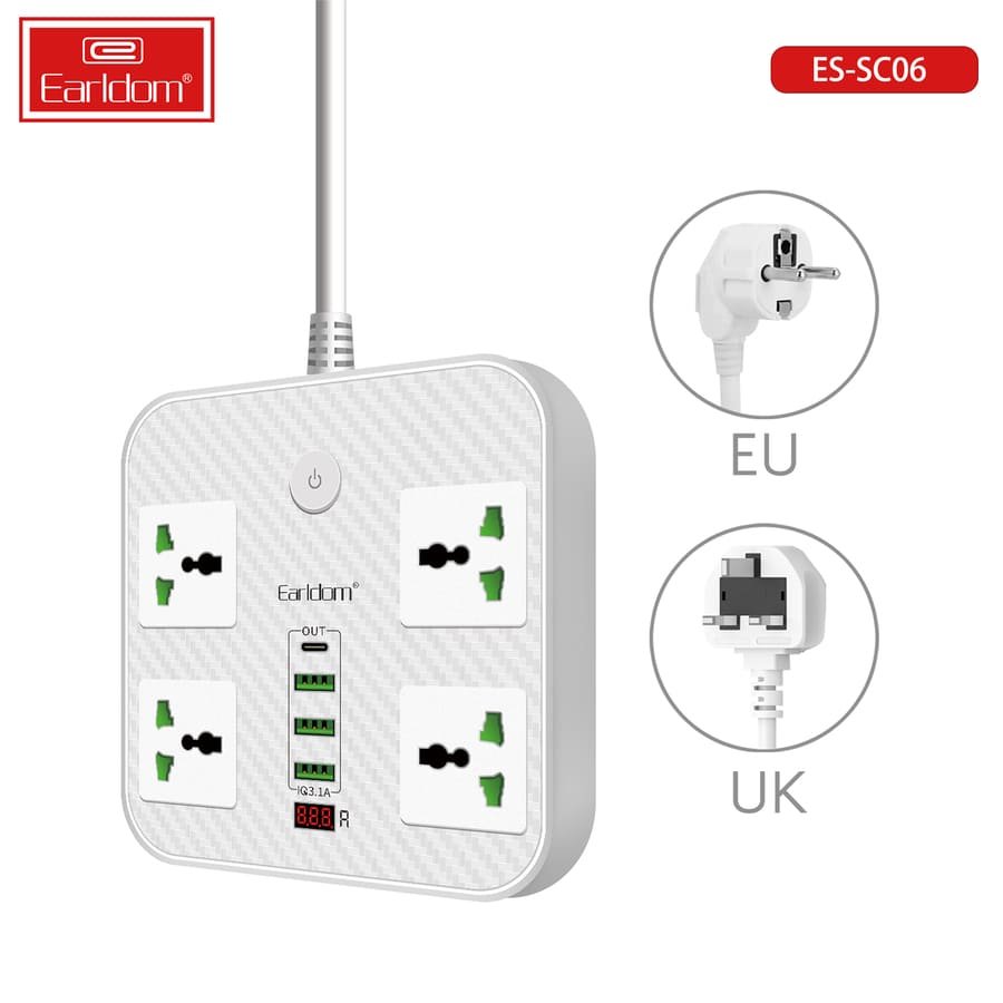 Удлинитель Earldom ES-SC06 EU, 4 розетки+3USB+Type C PD, 3.1A (3000W)