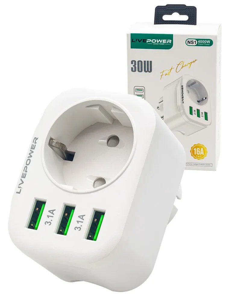 Многофункциональный сетевой фильтр Live-Power NS1 3USB+1 розетка (5V-3A) 30W white