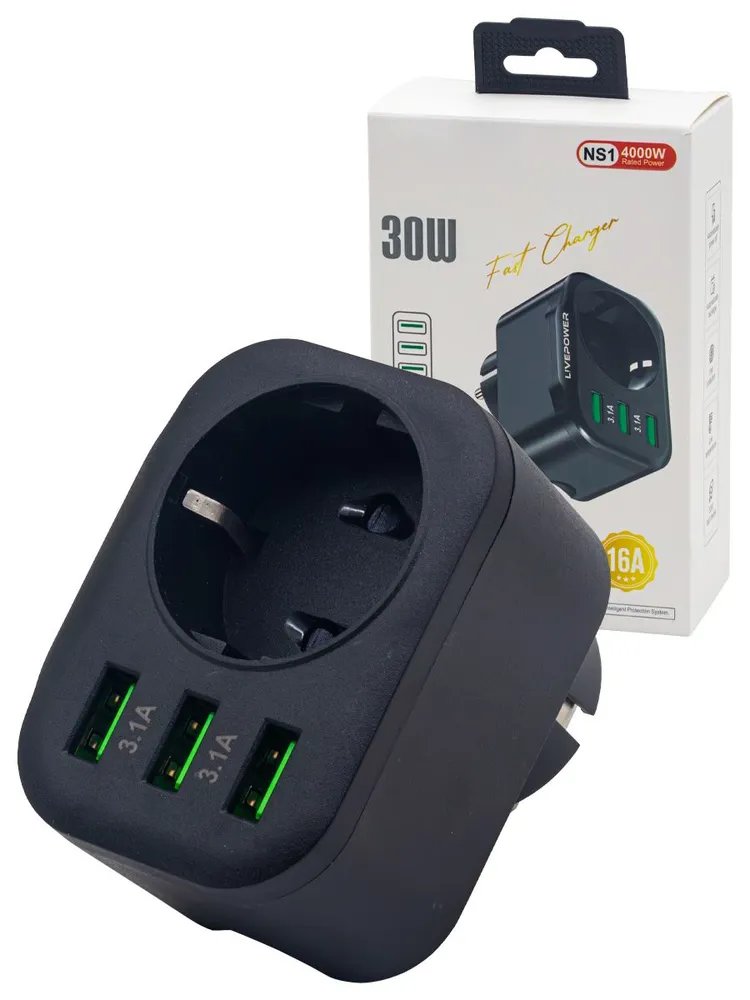 Многофункциональный сетевой фильтр Live-Power NS1 3USB+1 розетка (5V-3A) 30W black