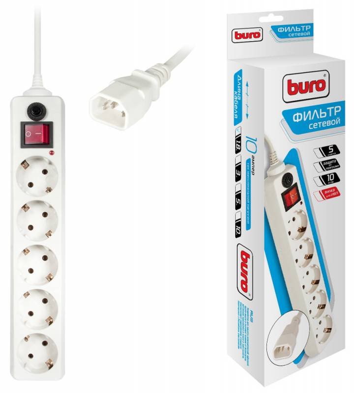 Сетевой фильтр Buro 500SH-1.8-UPS-W 1.8м (5 розеток) белый