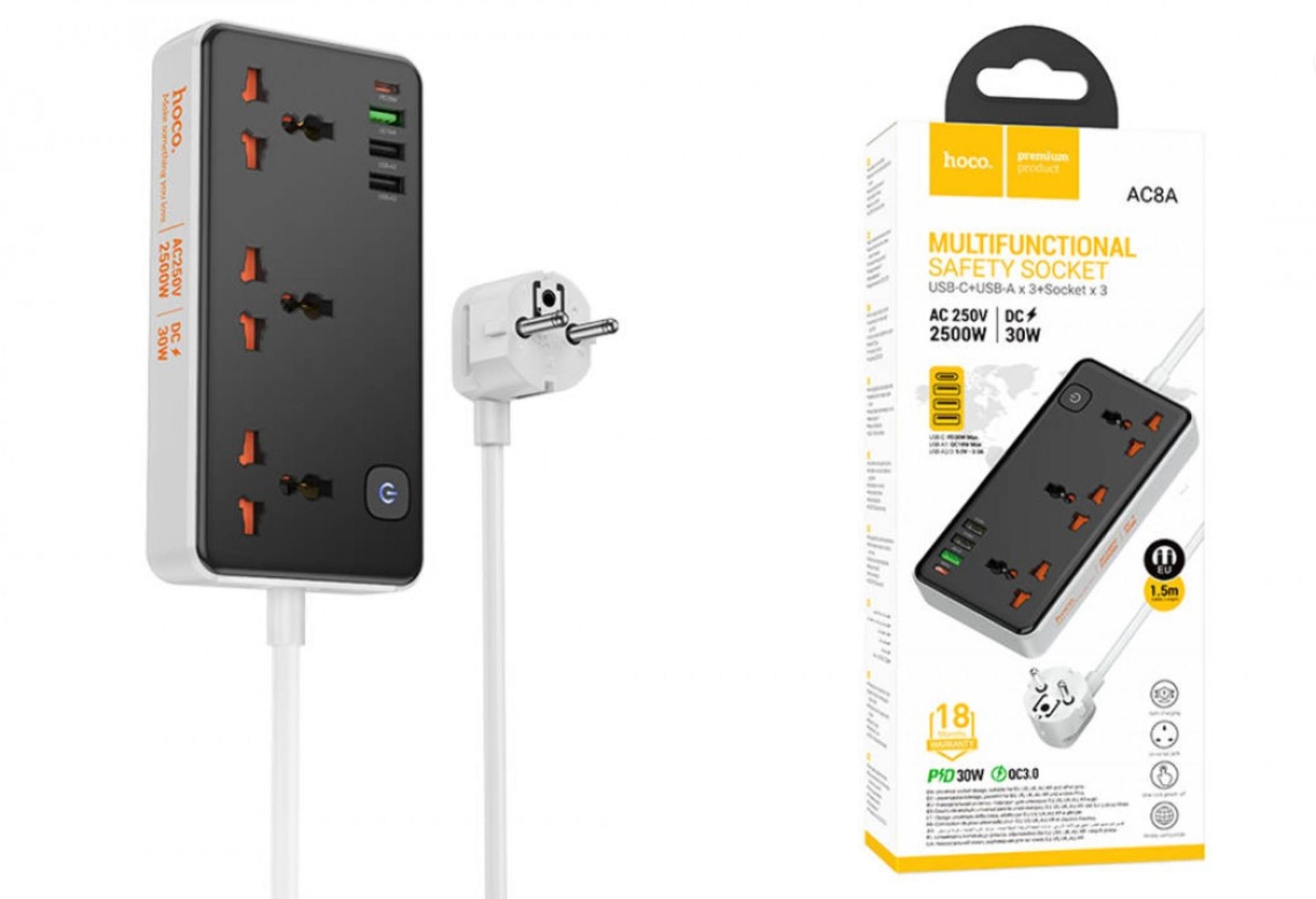 Переходник сетевой Hoco AC8A Storm 3-position socket (PD30W/1C3A) (EU) (черный)