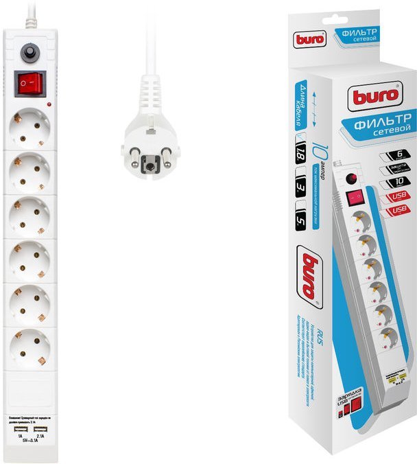 Сетевой фильтр Buro BU-SP3_USB_2A-W белый