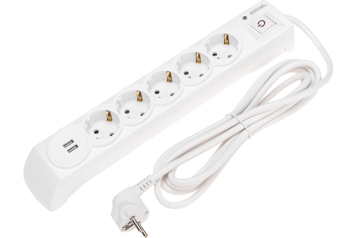 Фильтр сетевой KRANZ 13-4700 5 гнезд, 3м, 3х1,5мм², с автовыкл, 2 USB, белый