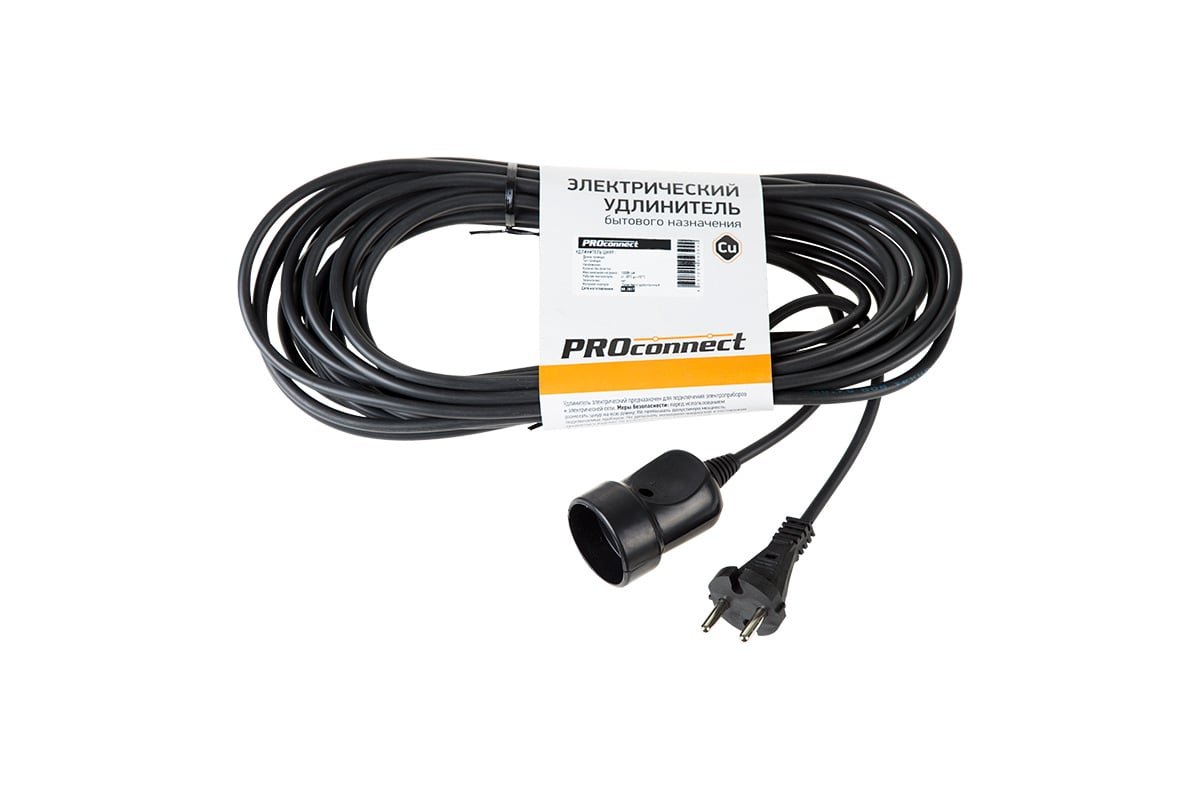 Удлинитель силовой PROconnect PROc-Uc 11-7114 2x0.75кв.мм 1розет. 10м ПВС 6A без катушки черный