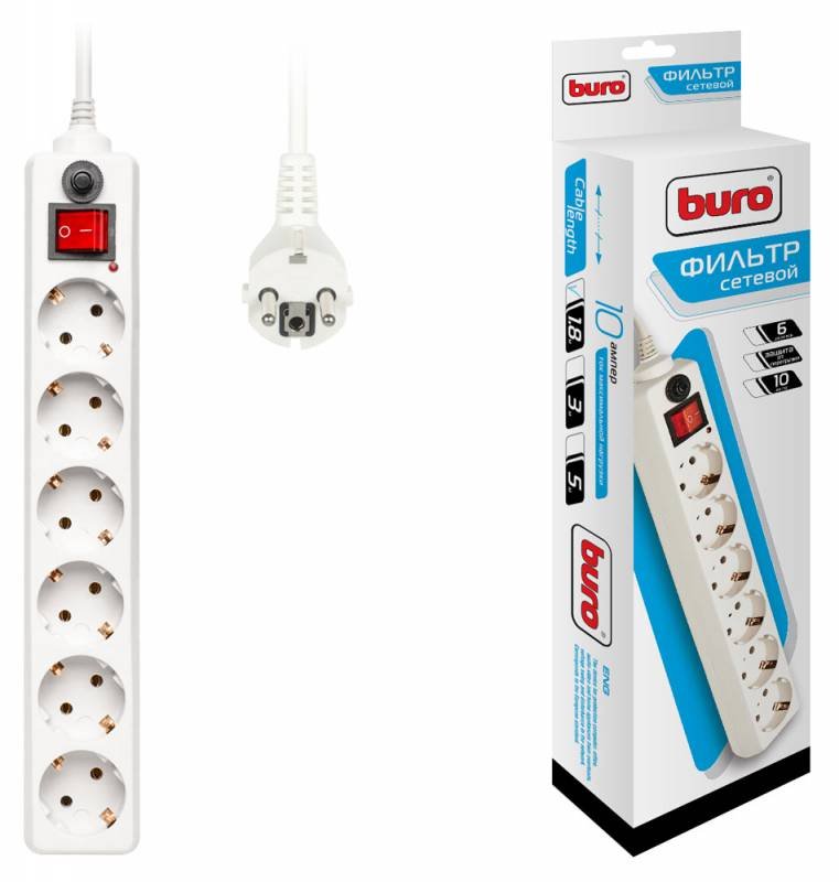 Сетевой фильтр Buro 600SH-1.8-W 1.8м (6 розеток) белый