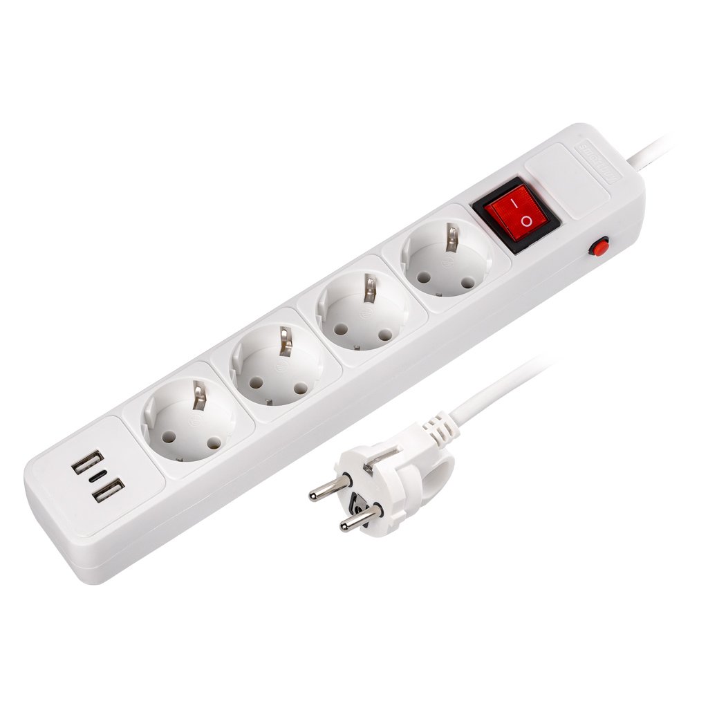 Сетевой фильтр SMARTBUY c USB+Type C, 16А, 4 гнезда, c з/ш, с з/к, ПВС 3x1.0, 3 м, белый (SBSP-30C-W) (1/40)
