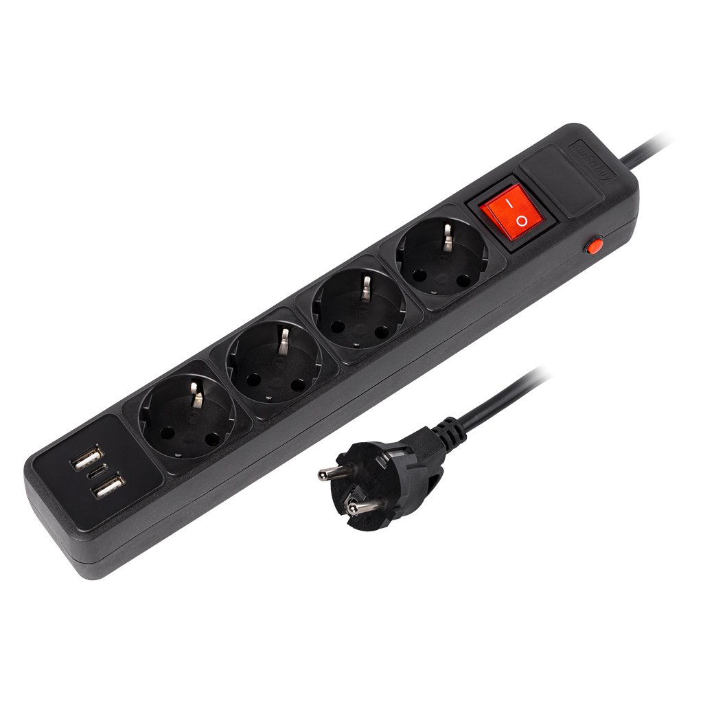 Сетевой фильтр SMARTBUY c USB+Type C, 16А, 4 гнезда, c з/ш, с з/к, ПВС 3x1.0, 3 м, черный (SBSP-30C-K) (1/40)